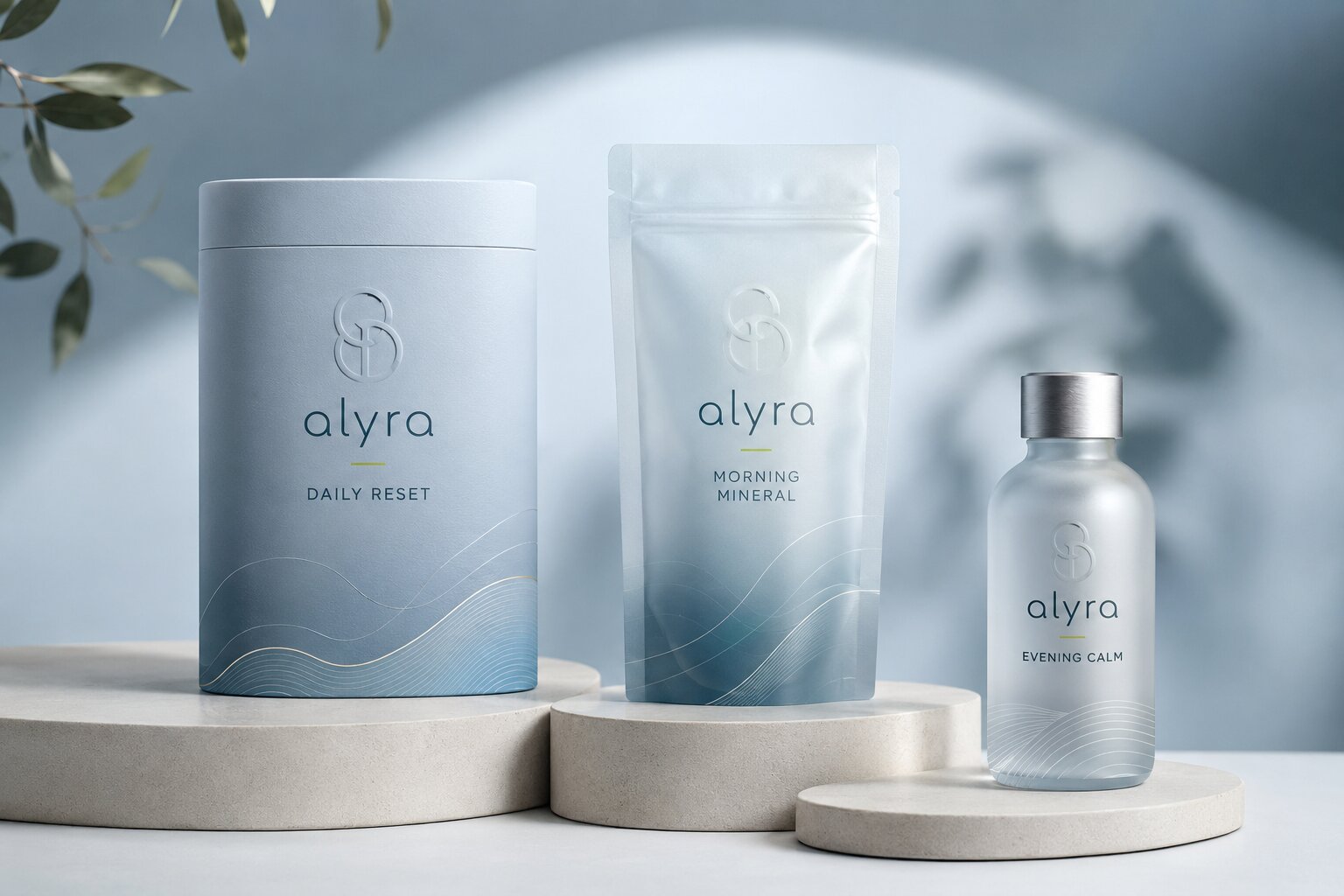 Alyra alternate packaging direction with gold foil tideline on stone plinths