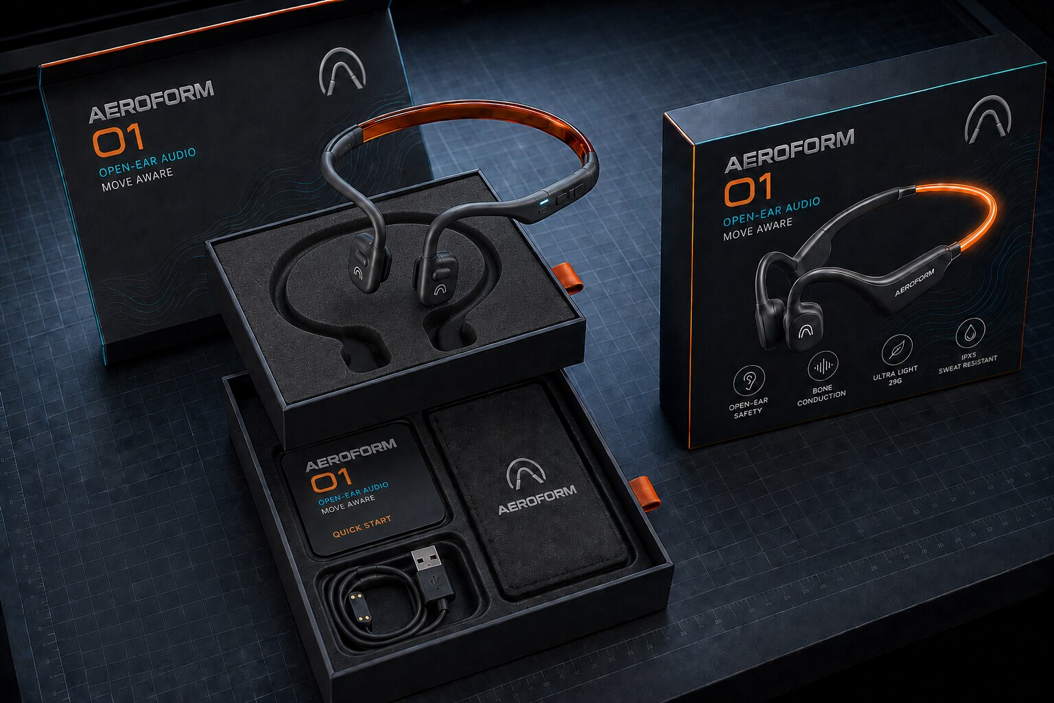Aeroform 01 open packaging showing the foam-shaped headset cradle, charging cable, and pouch
