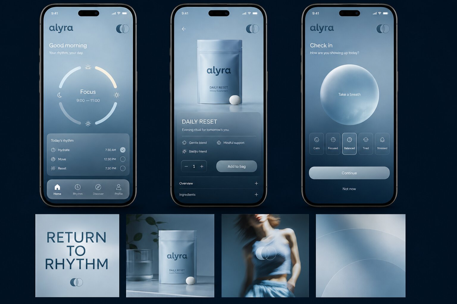 Alyra companion app screens and social campaign tiles