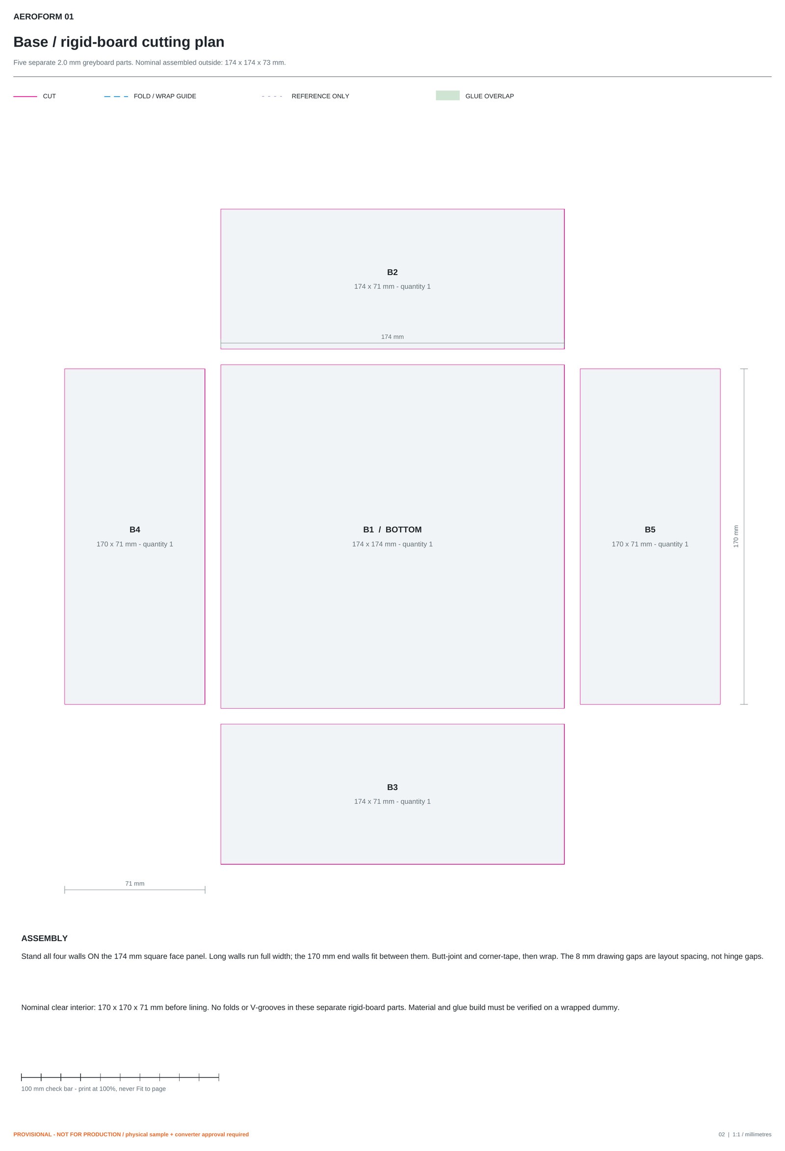 Aeroform 01 base cutting plan showing five separate greyboard panels